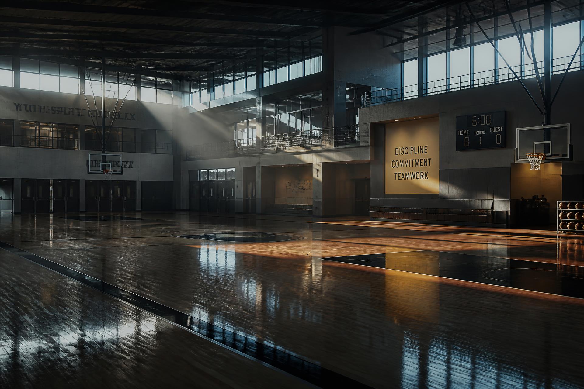 Empty multi-court youth sports complex at dawn